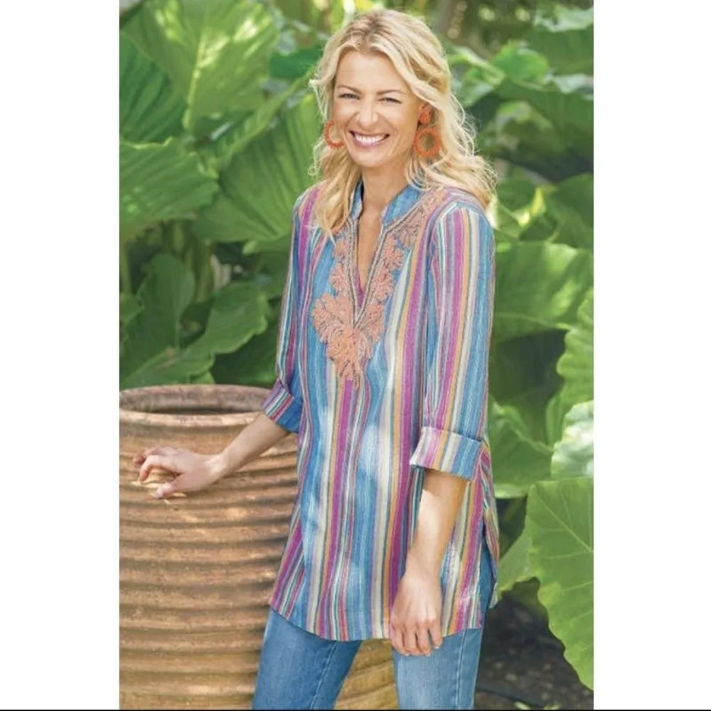 Soft Surroundings sz.M Turin Tunic Multicolor Embroidered Beaded Striped Cotton